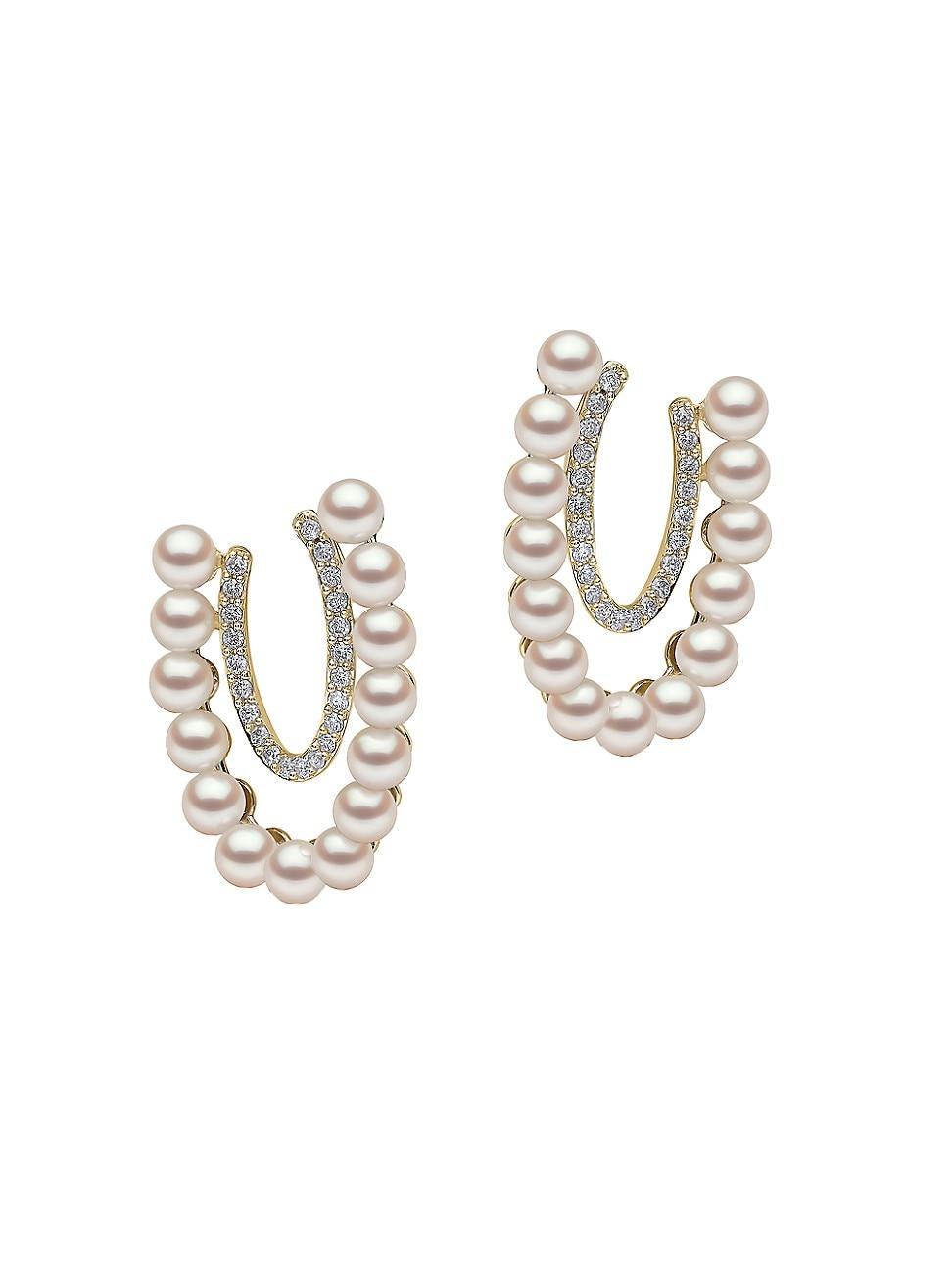 Womens Sleek 18K Yellow Gold, Akoya Pearl & 0.225 TCW Diamond Hoop Earrings Product Image