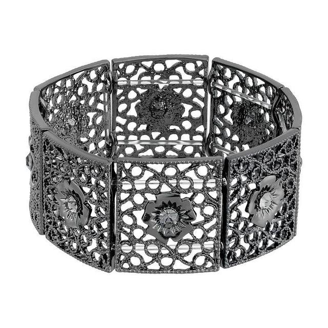 1928 Jet Tone Filigree Stretch Bracelet, Womens, Black Product Image