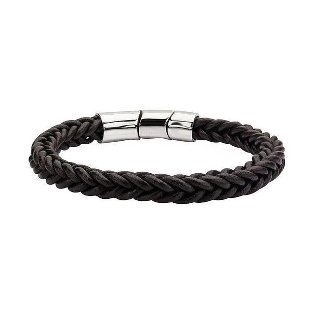 Mens Braided Brown Leather Magnetic Bracelet Stainless Product Image