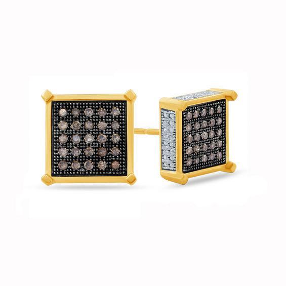 Men's 1/4 CT. T.w. Champagne and White Diamond Cushion Stud Earrings in 10K Gold with Black Rhodium Product Image