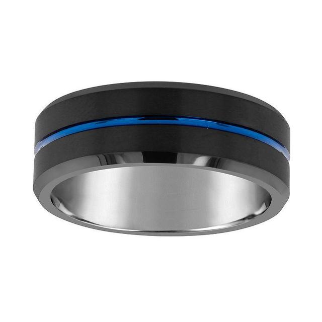 Mens 8mm Black & Blue Ion-Plated Tungsten Wedding Band Ring Product Image