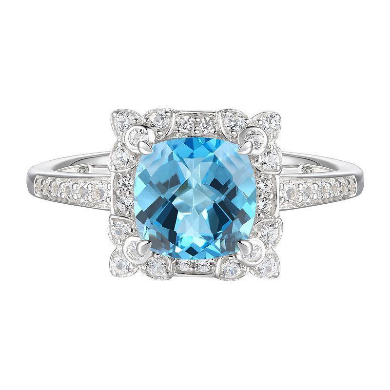 Sterling Silver Blue Topaz, Lab-Created White Sapphire Solitaire Ring, Womens Product Image