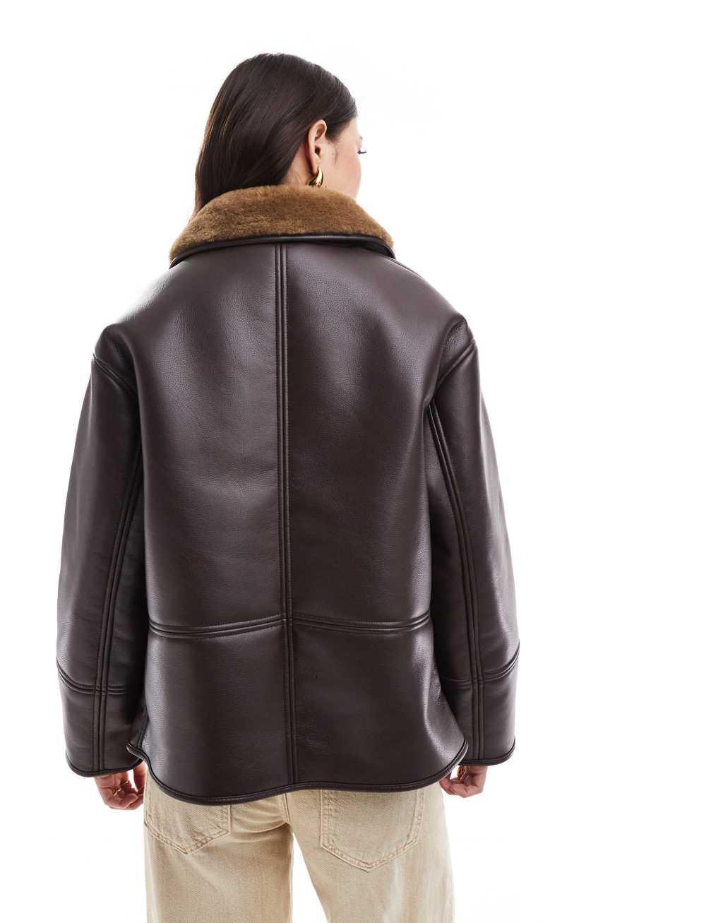 Pull&Bear faux leather coat with contrast shearling collar in dark brown Product Image