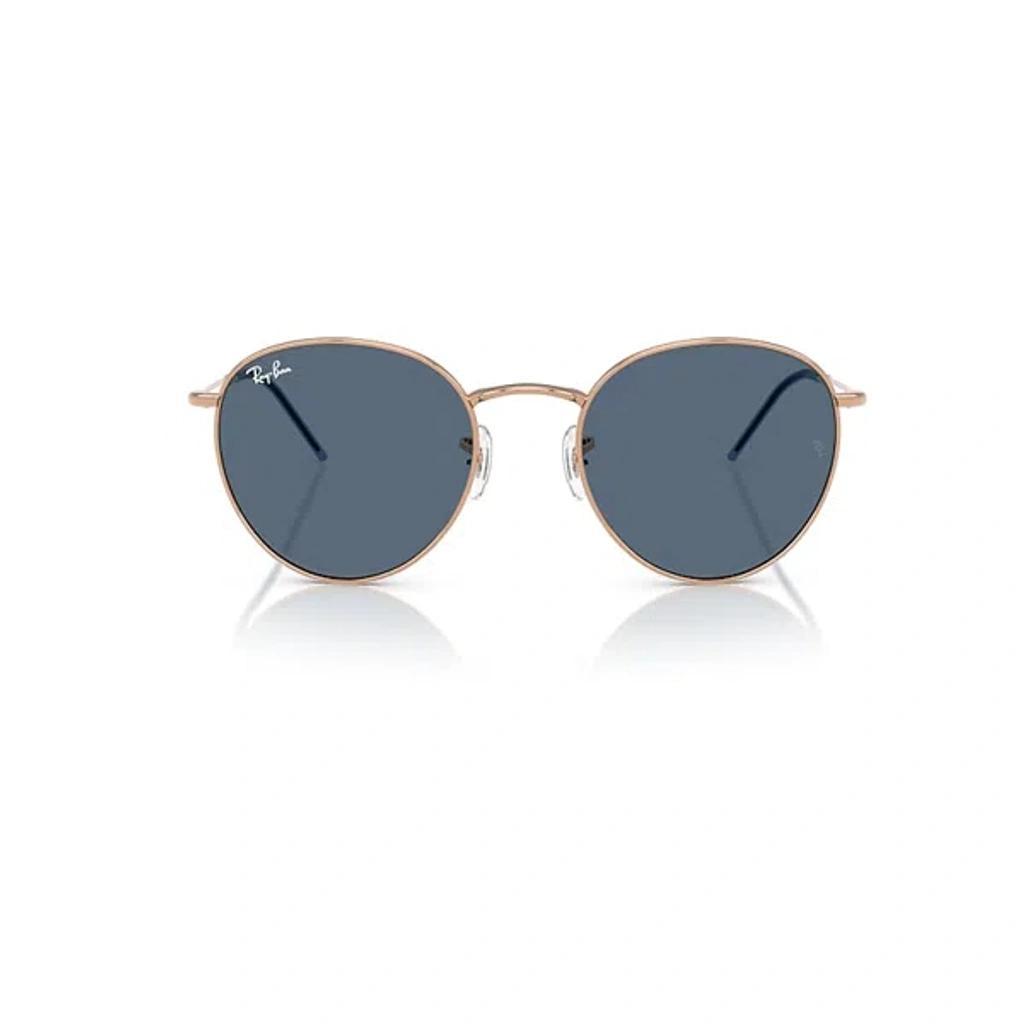 RAY BAN Round Reverse Sunglasses Rose Gold Frame Blue Lenses 55-21 Product Image