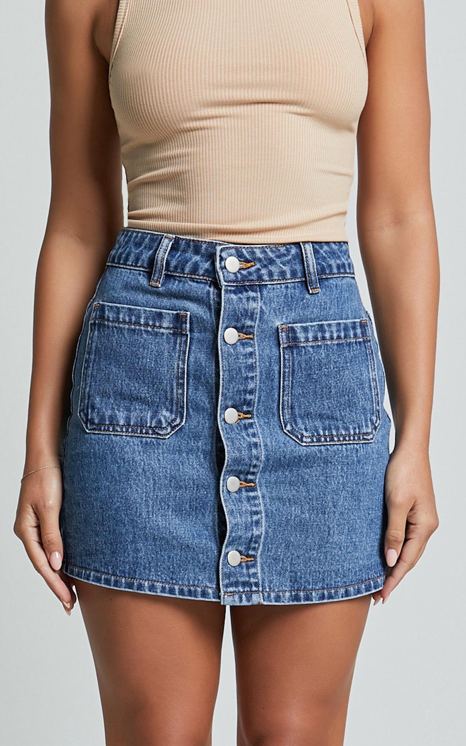 Gertrude Mini Skirt - High Waist Button Through Denim Skirt in Mid Blue Wash Product Image