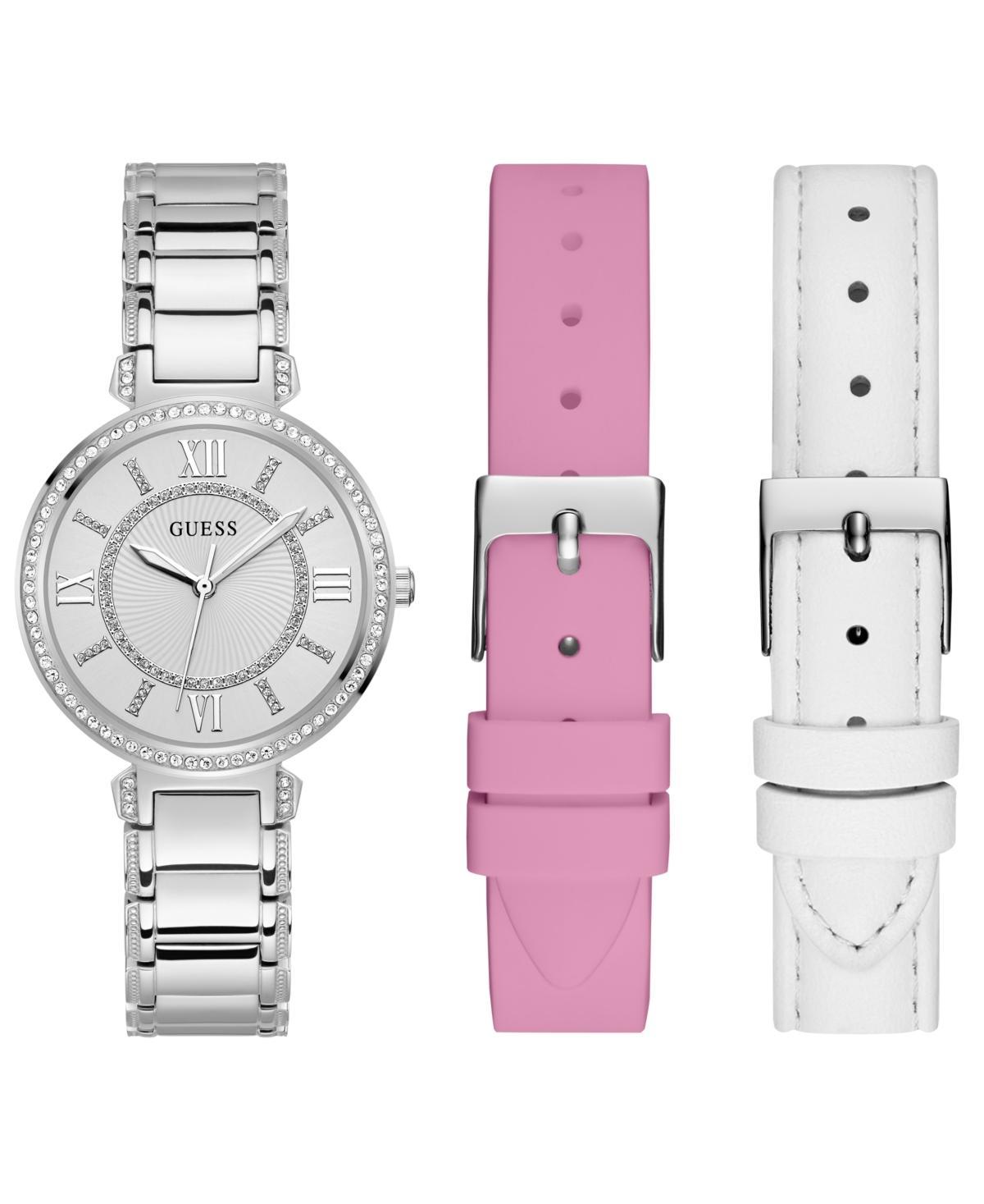 Guess Womens Analog Silver-Tone Stainless Steel Watch with Pink, White Suede and Leather Strap Gift Set 36mm Product Image