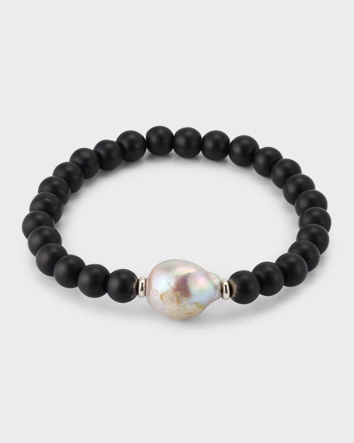 Mens Black Onyx Beaded Bracelet with Pearl Center Product Image