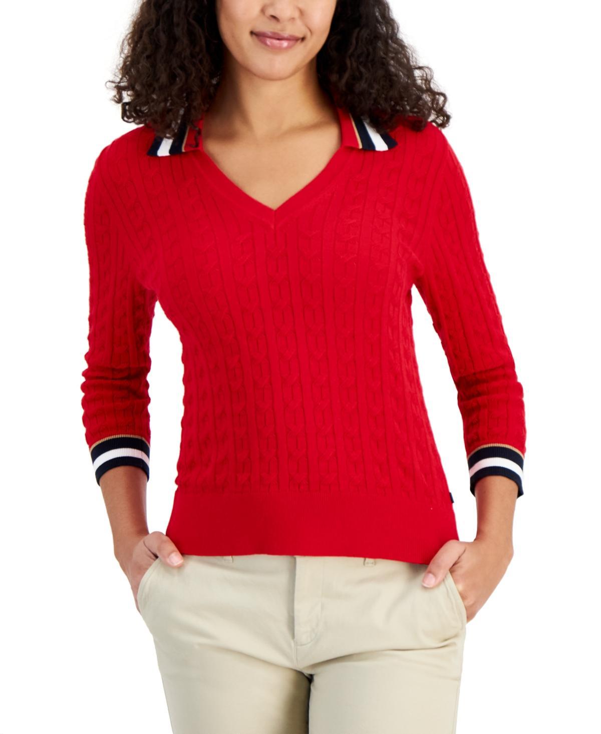 Women's Cotton Striped-Collar Cable-Knit Sweater Product Image