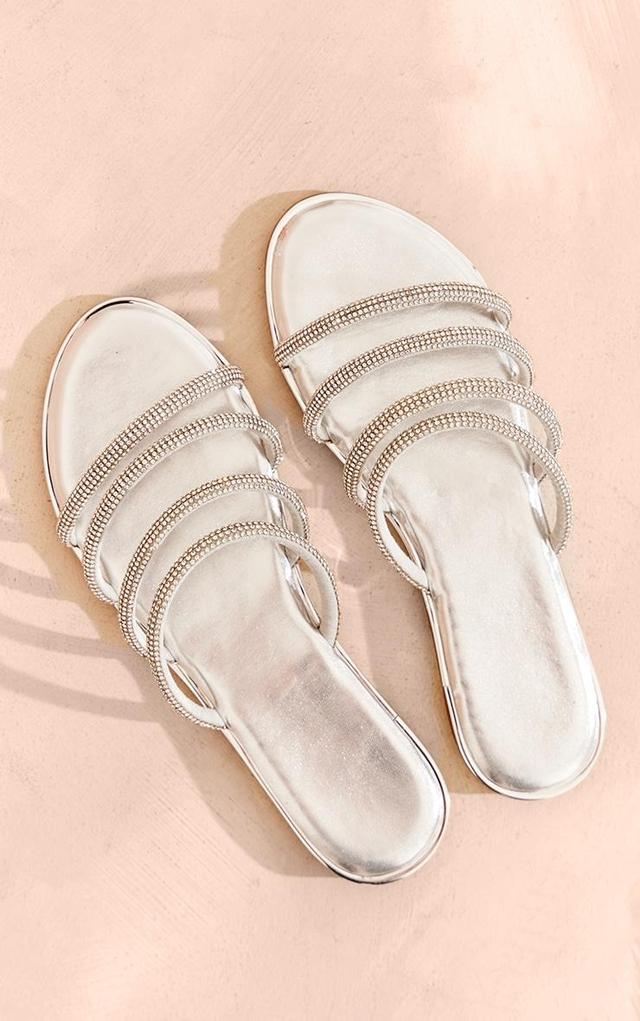 Silver Pu Round Toe Diamante Triple Strap Flat Sandals Product Image