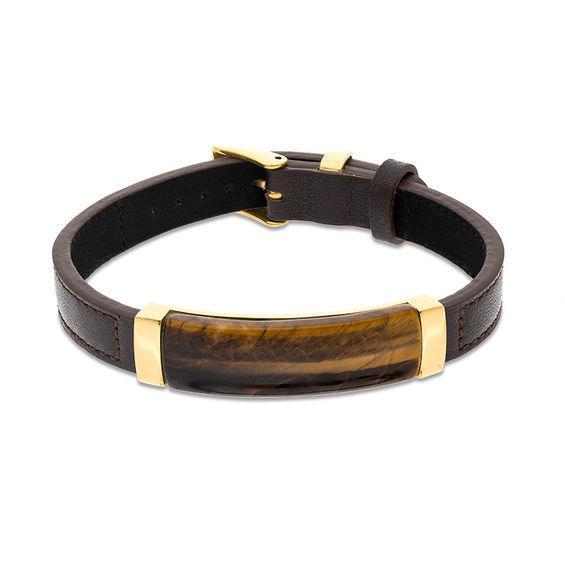 Men's Rectangle Tiger's Eye and Brown Leather Bracelet in Stainless Steel with Yellow IP - 9.5" Product Image