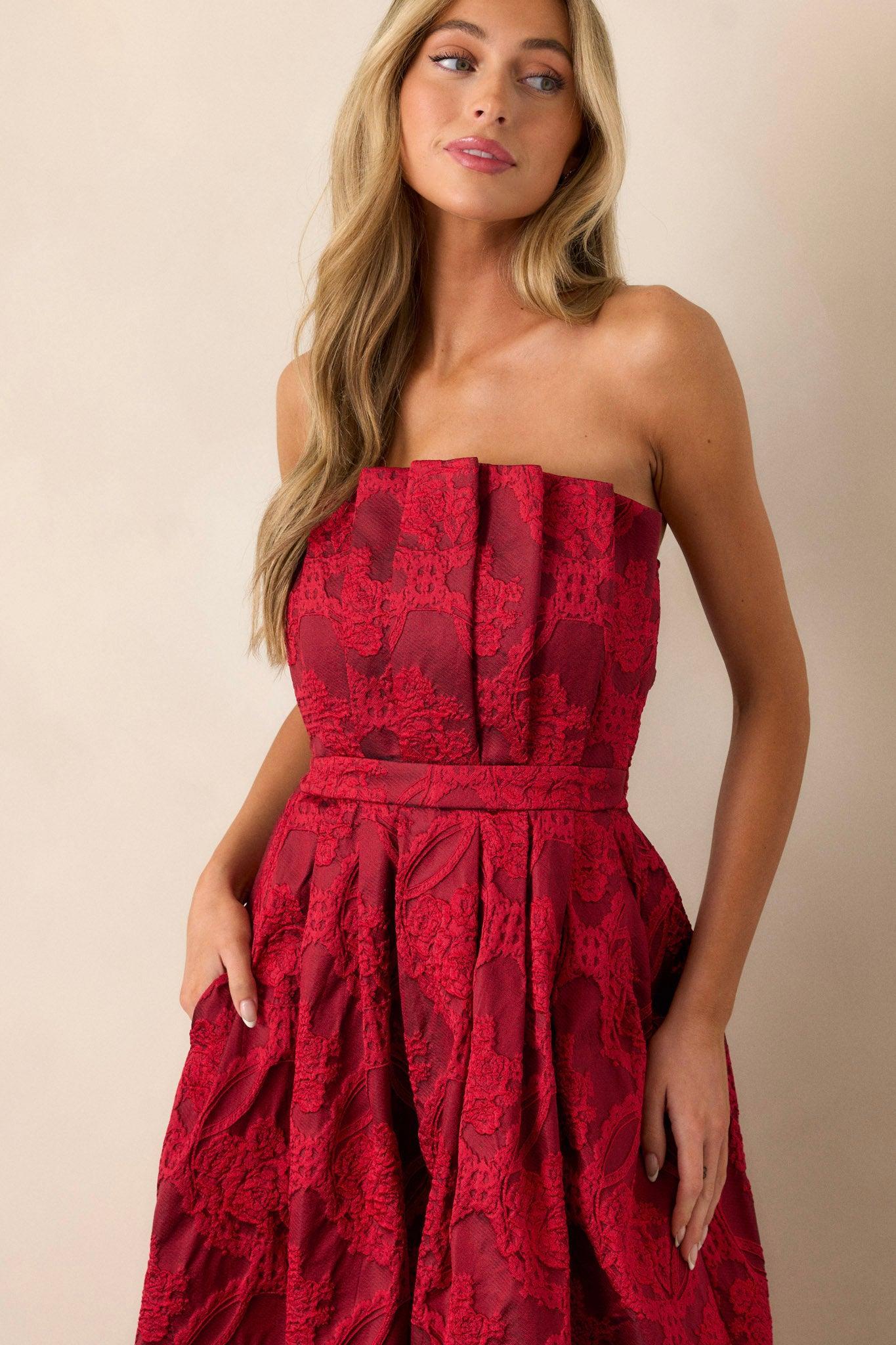 Moonstone Dreams Ruby Red Floral Jacquard Midi Dress Product Image