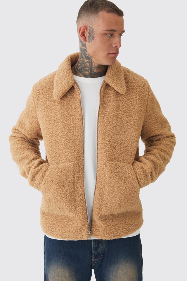 Tall Borg Harrington Jacket In Tan | boohooMAN USA Product Image