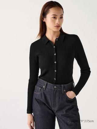 Womens Merino Ribbed Polo Cardigan Black Small UNIQLO US product image