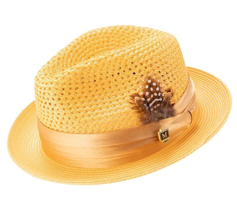 Canary Yellow Solid Color Pinch Braided Fedora With Matching Satin Ribbon Product Image