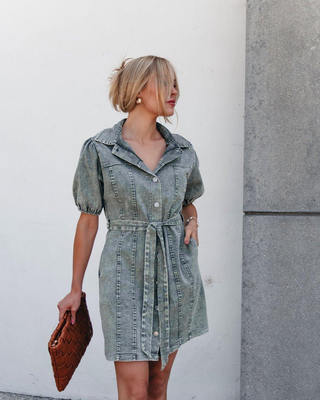 Olive Washed Button Down Mini Dress Product Image