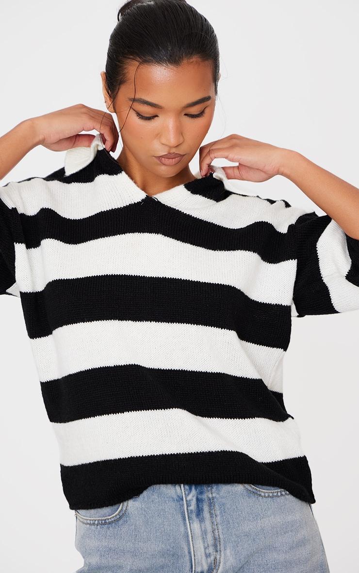 Monochrome Stripe Knit V Neck Oversized Rugby Top Product Image