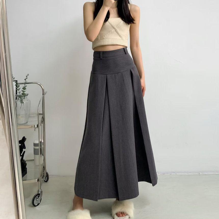 High Waist Plain Pleated Maxi A-Line Skirt Product Image