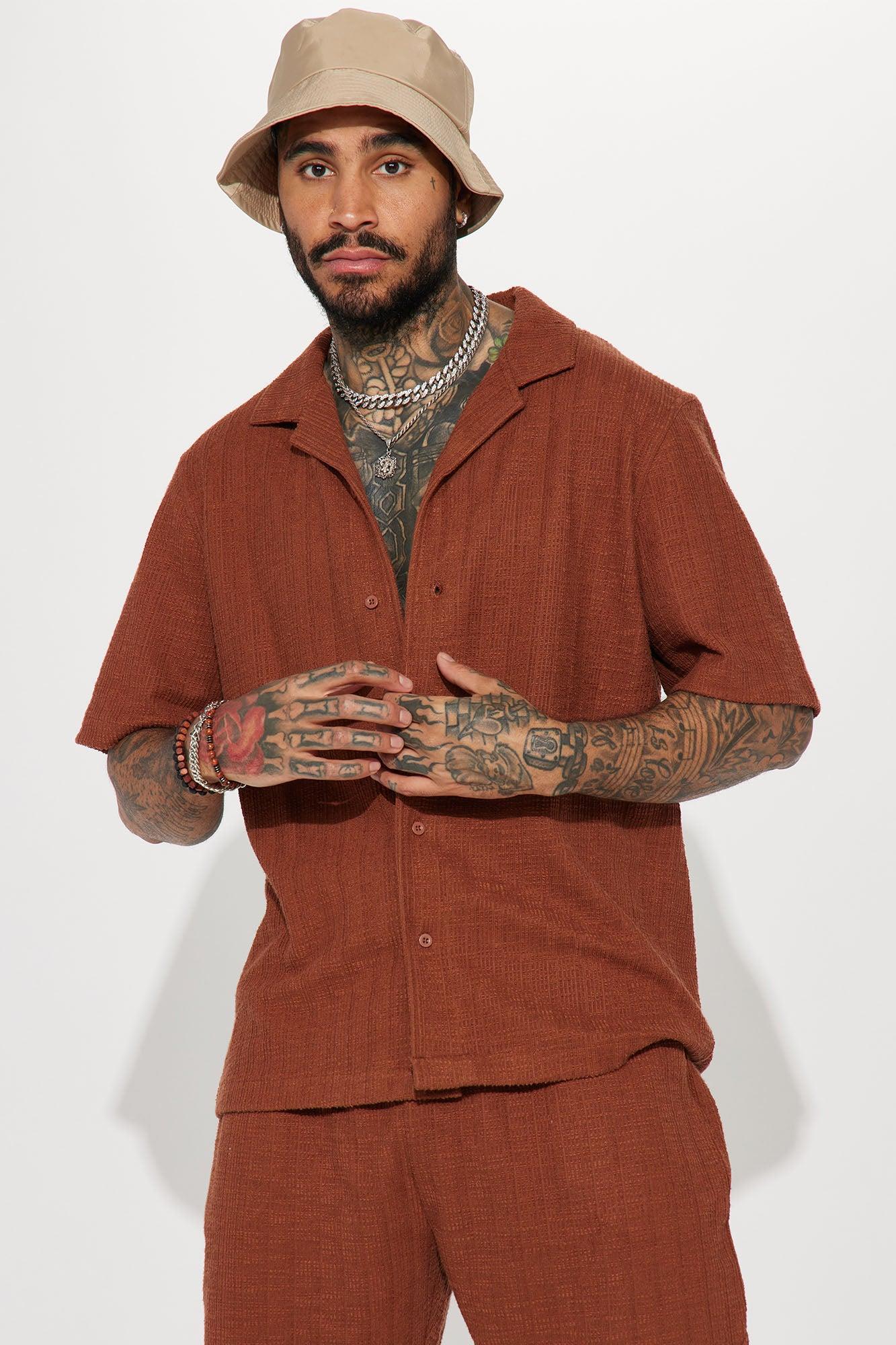 Dean Textured Short Sleeve Button Up Shirt - Chocolate Product Image