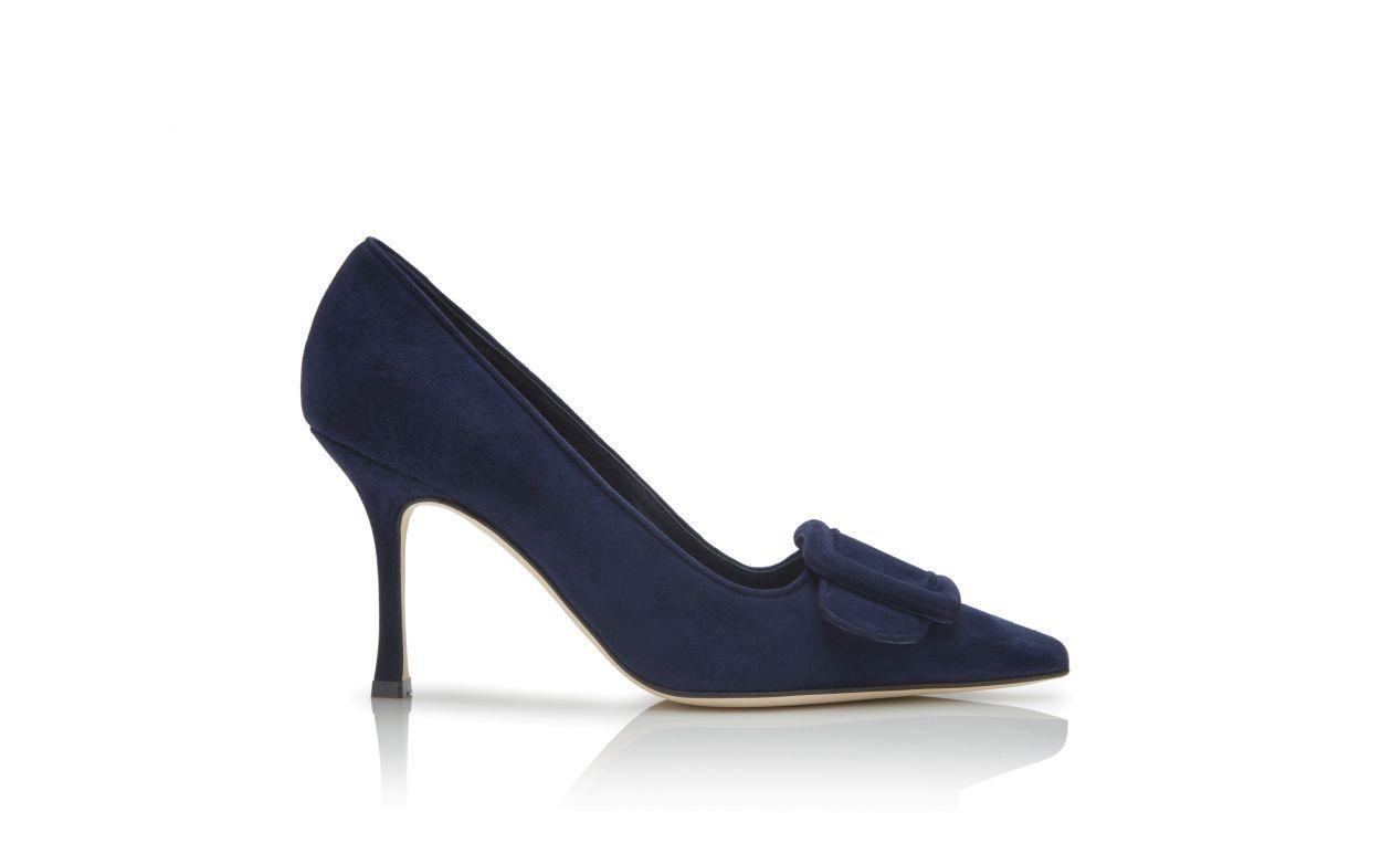 MAYSALEPUMP 90 Navy Blue Suede Buckle Detail Pumps Product Image