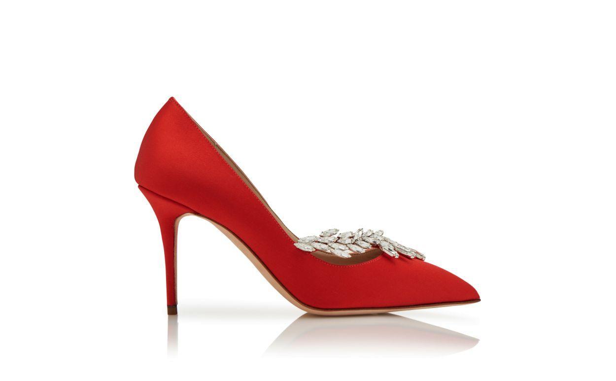 NADIRA Red Satin Jewel Buckle Pumps Product Image