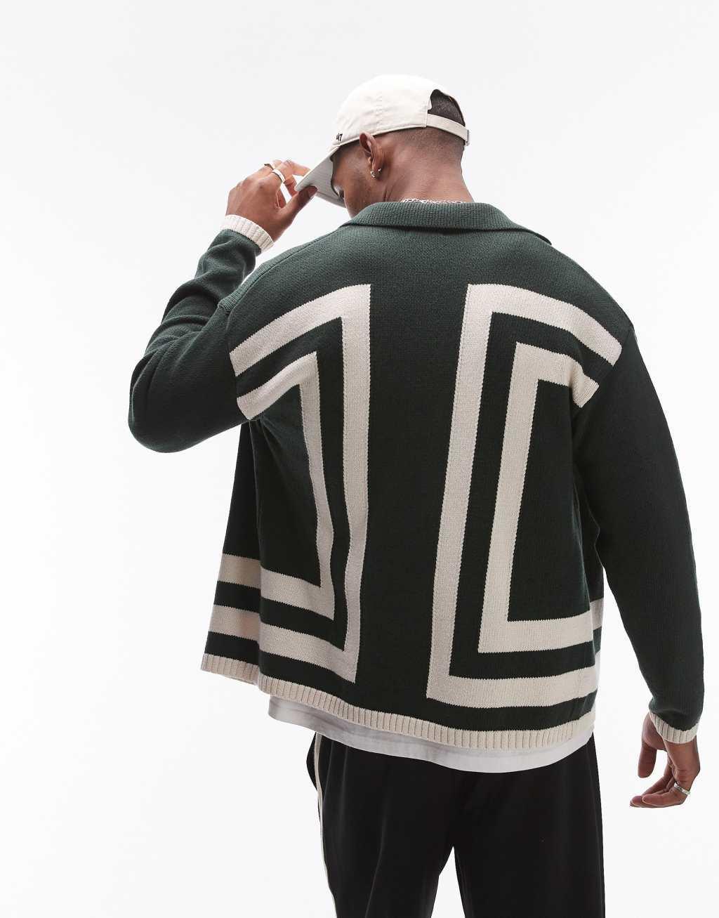 Topman knitted crochet vertical stripe button through long sleeve shirt in dark green Product Image