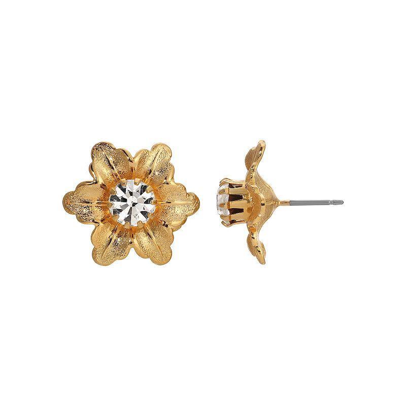 1928 Gold Tone Crystal Flower Stud Earrings, Womens, White Product Image