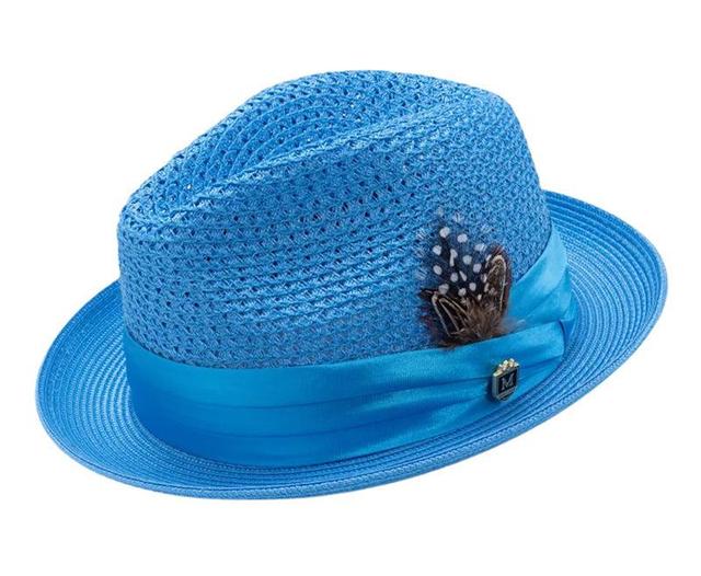 Aqua Solid Color Pinch Braided Fedora With Matching Satin Ribbon Product Image