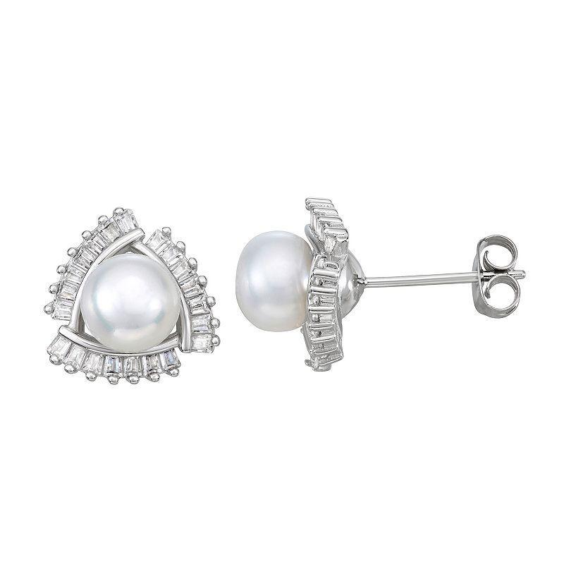 Sterling Silver Freshwater Cultured Pearl & Cubic Zirconia Halo Earrings, Womens, White Product Image