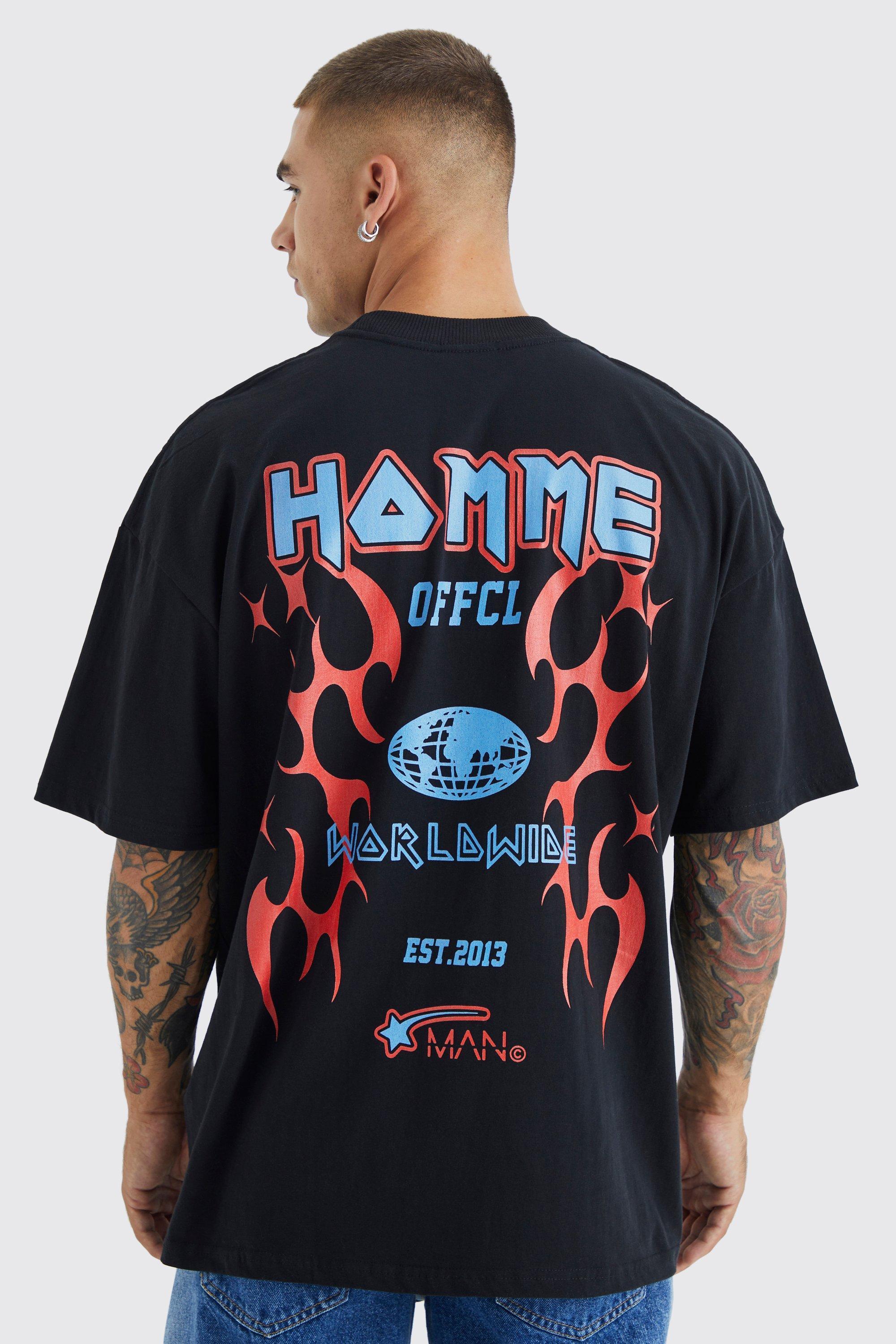 Oversized Heavyweight Homme Flames T-shirt | boohooMAN USA Product Image