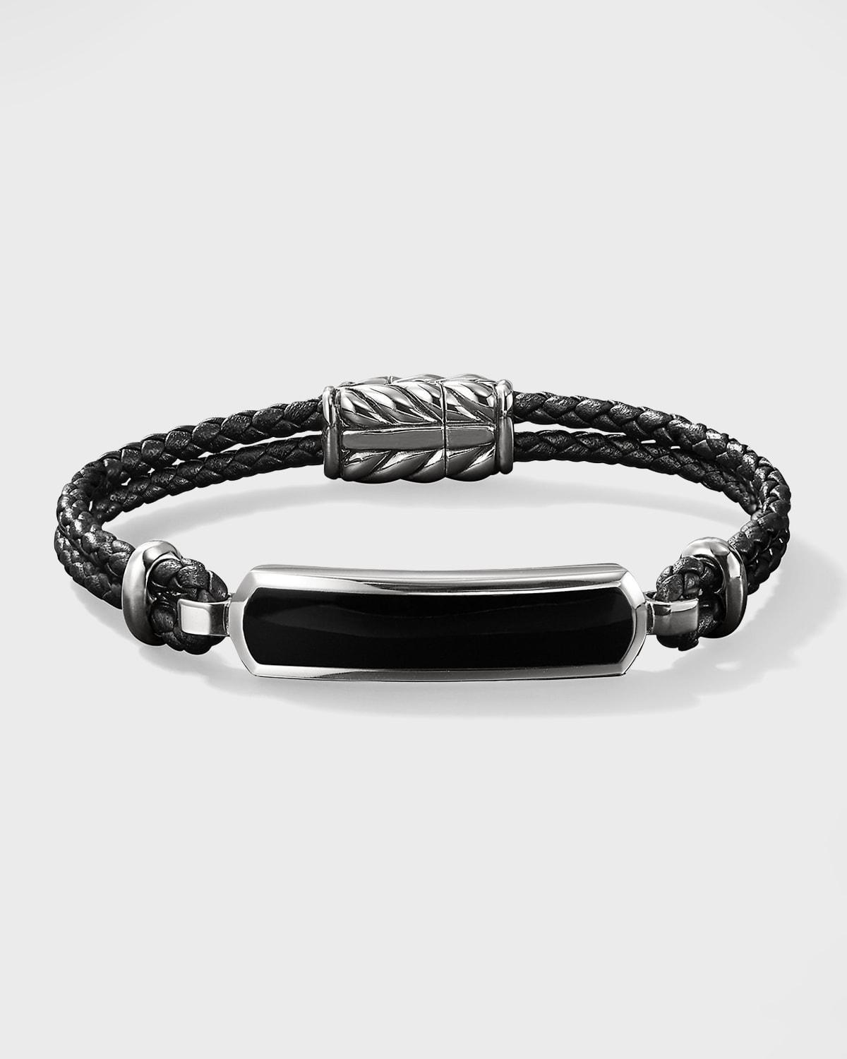 Mens Exotic Stone Bar Station Black Leather Bracelet Product Image