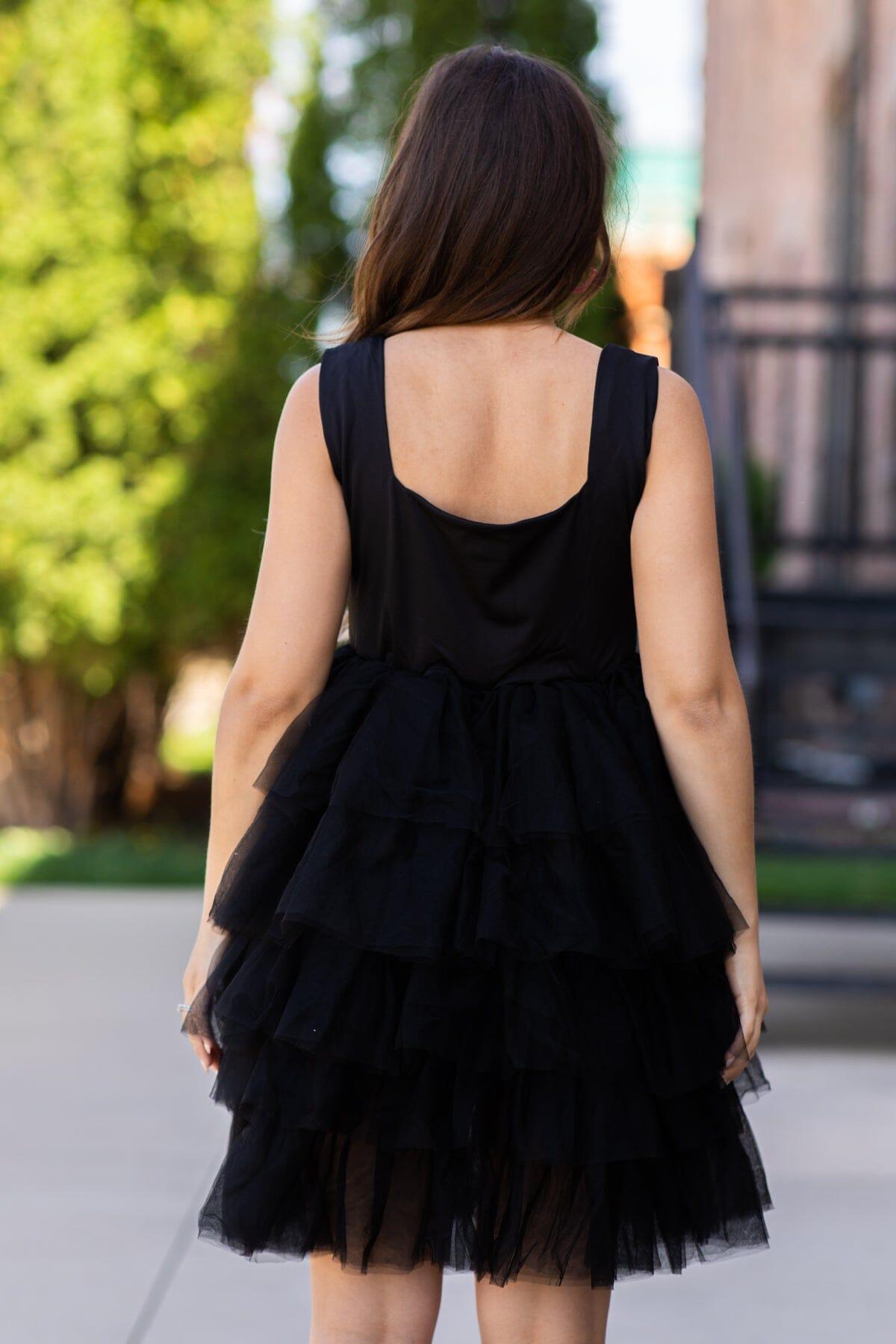 Black Square Neck Tulle Skirt Dress Product Image