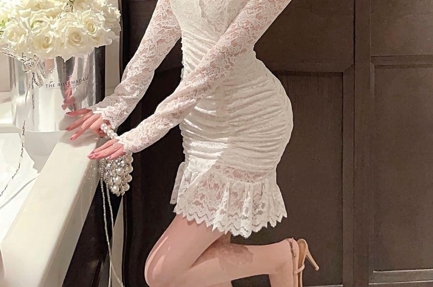 Long Sleeve V-Neck Floral Lace Ruched Bodycon Mini Dress Product Image