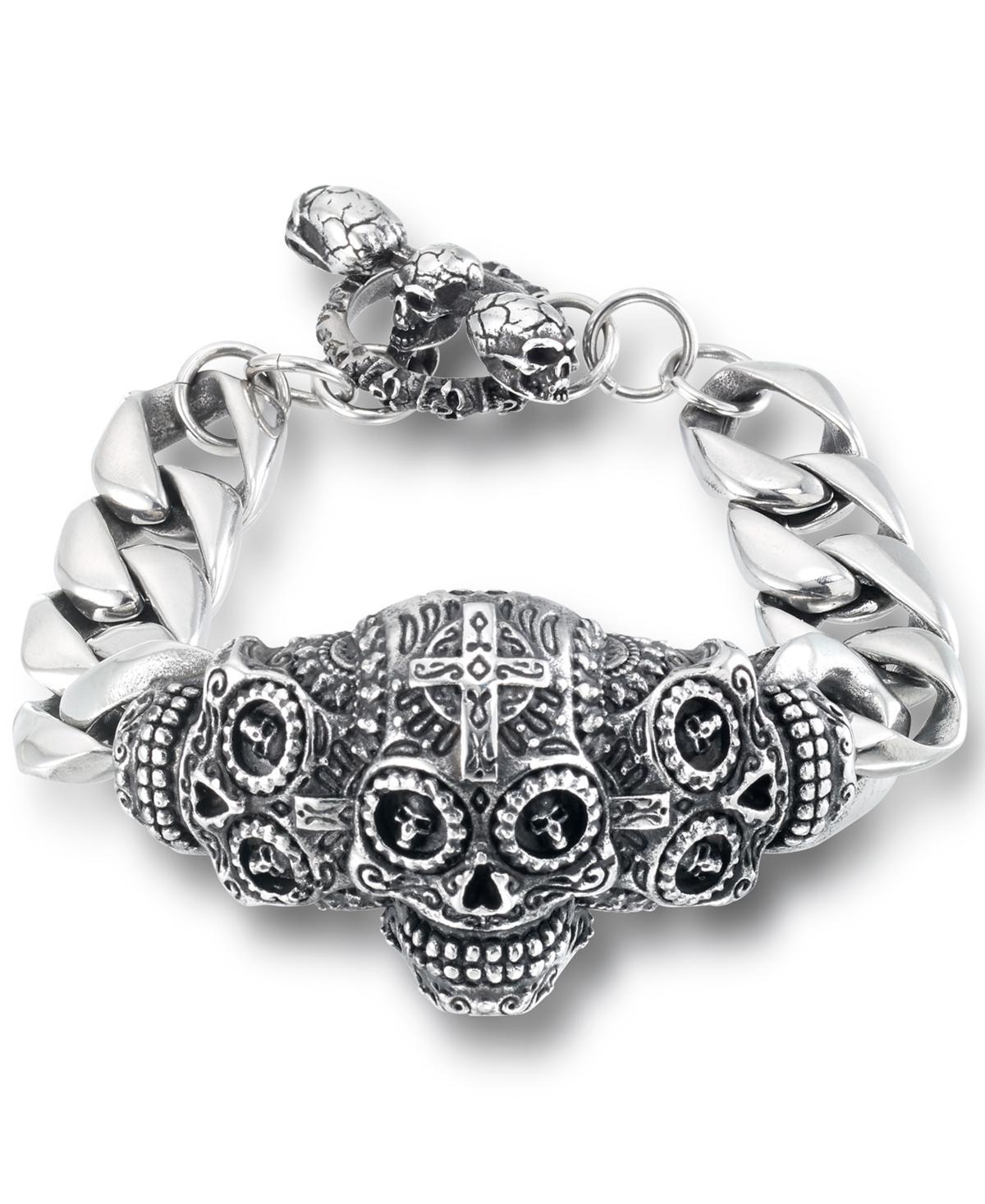 Andrew Charles by Andy Hilfiger Mens Ornamental Skull Curb Link Bracelet Stainless Steel Product Image