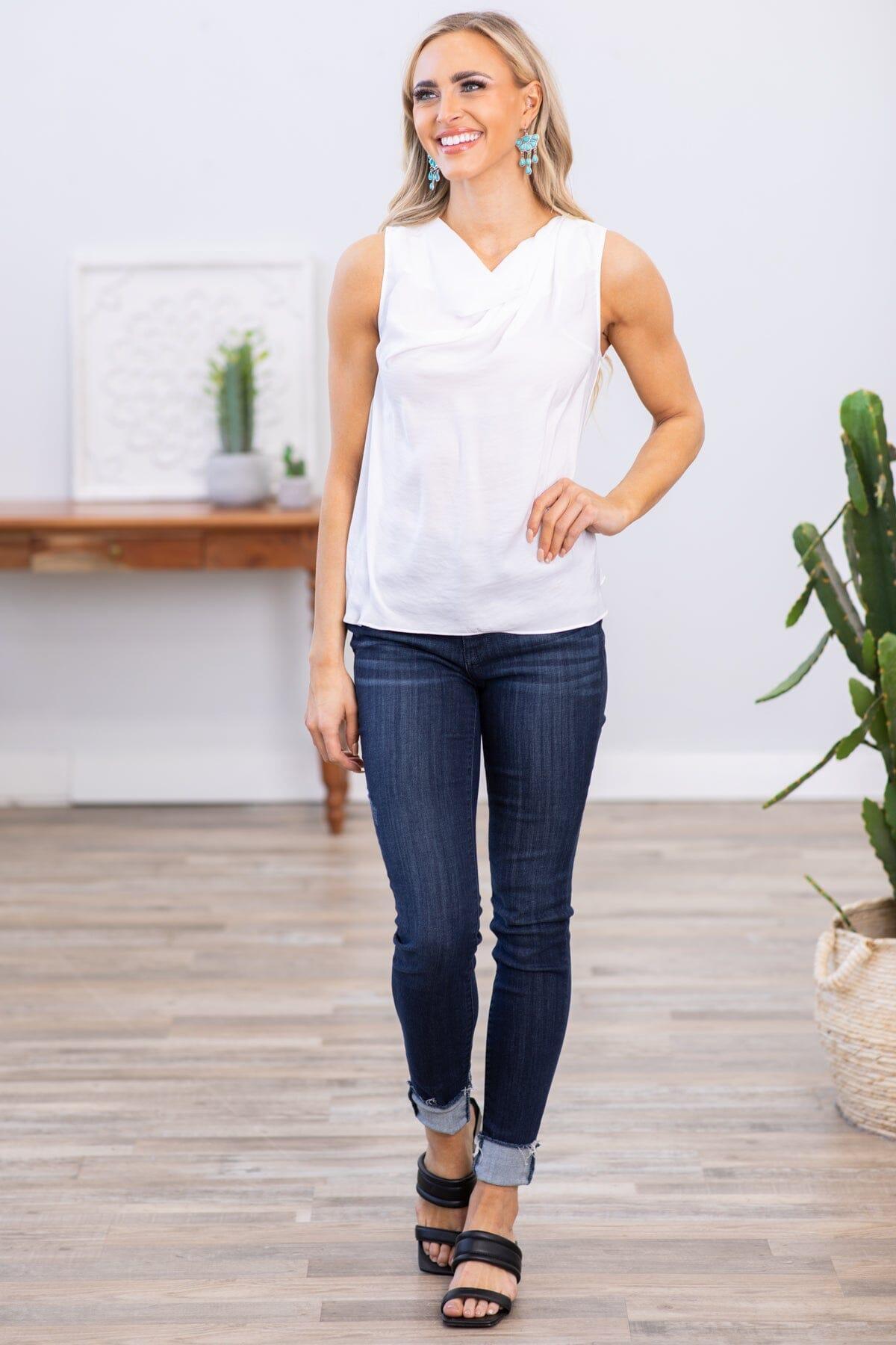 White Drape Neck Textured Tank Product Image