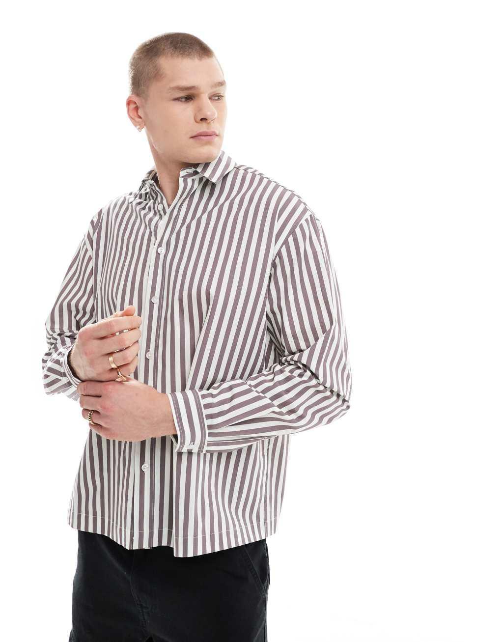 ASOS DESIGN oversized boxy shirt with front and back print in black and white stripe Product Image