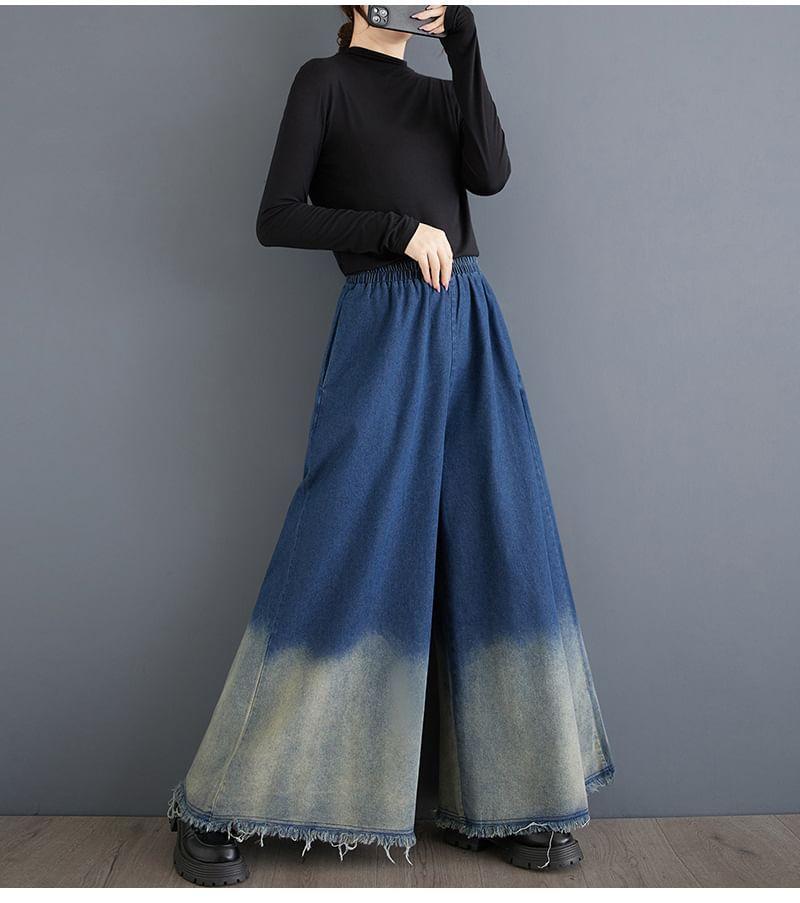 Elastic Waist Gradient Washed Frayed Wide Leg Jeans Product Image