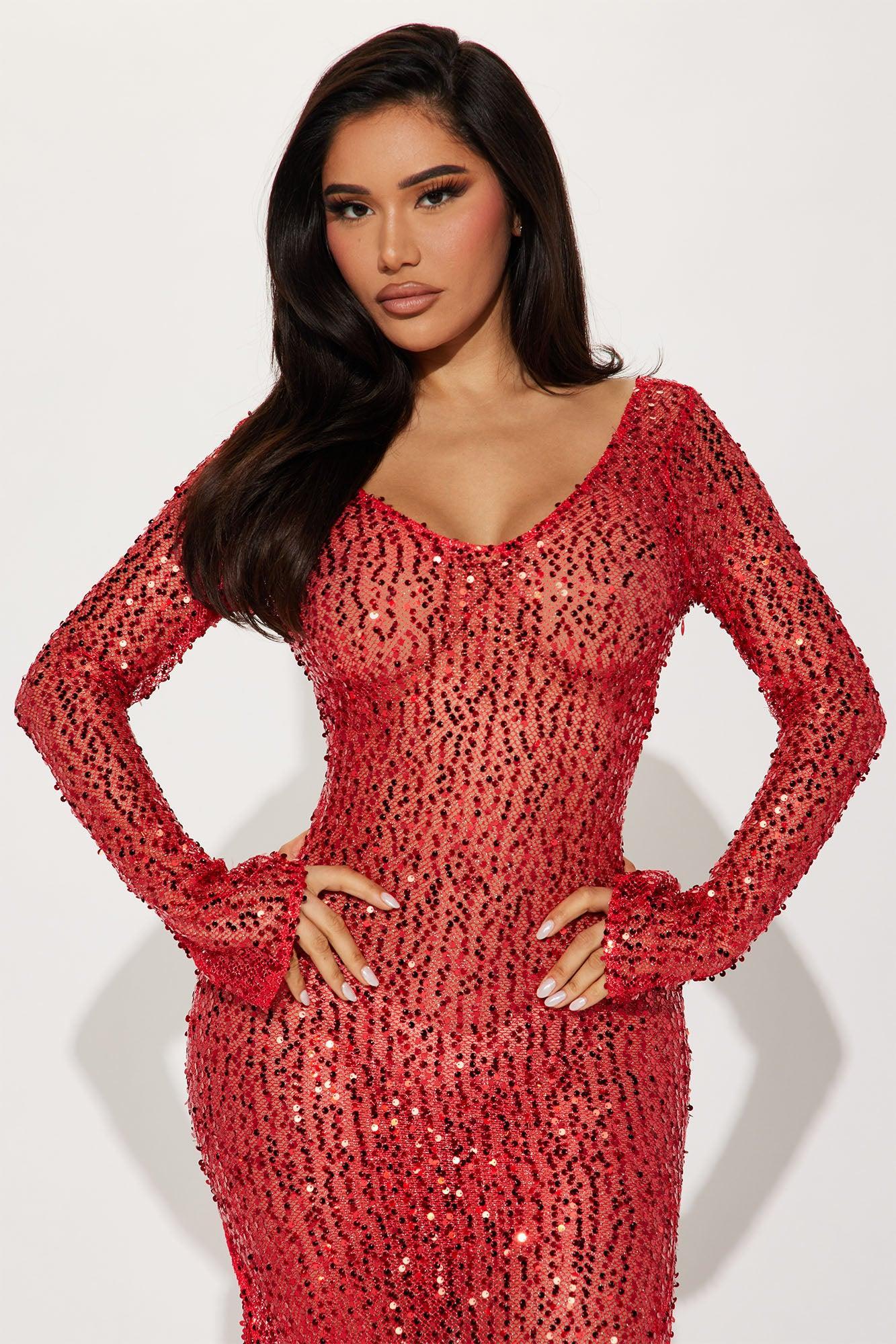 Alicia Sequin Crochet Maxi Dress - Red Product Image