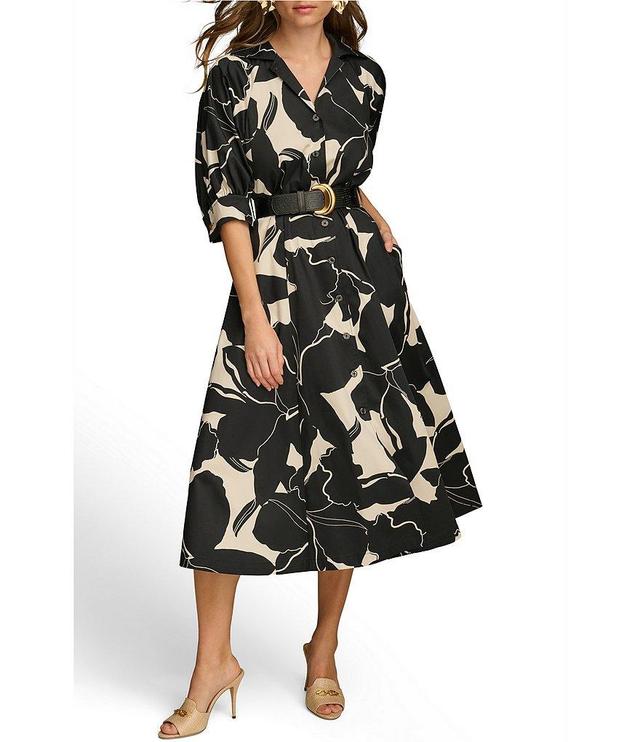 Donna Karan Printed 3/4 Sleeve Notch Collar Belted Side Pocket A-Line Midi Dress Product Image