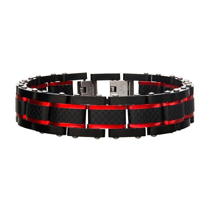 Mens Stainless Steel Black & Red Carbon Fiber Bracelet, Two Tone Product Image