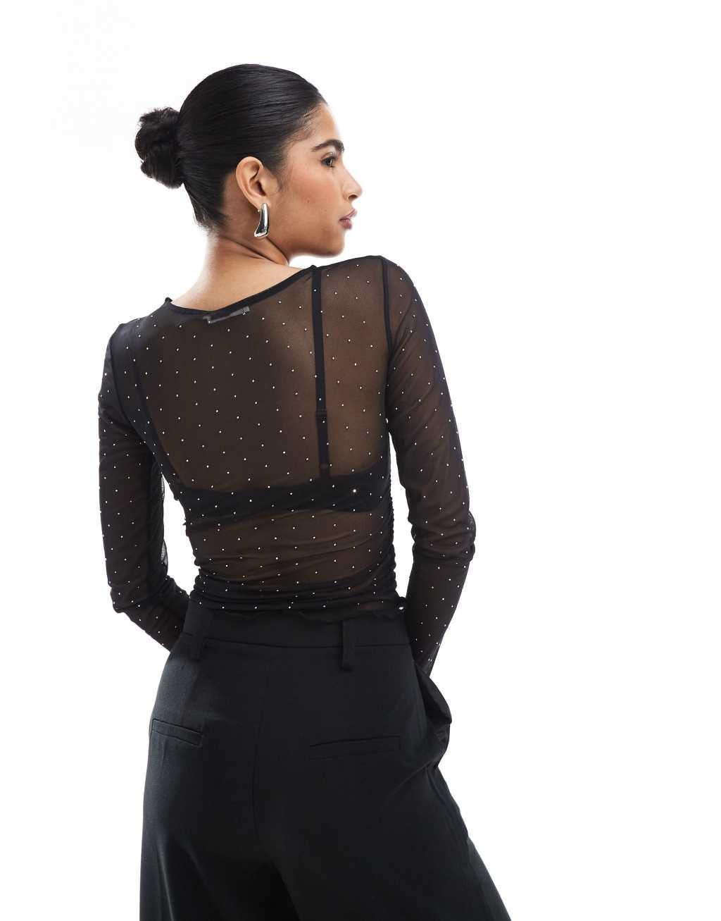 Pull&Bear glitter stud long sleeve mesh top in black Product Image