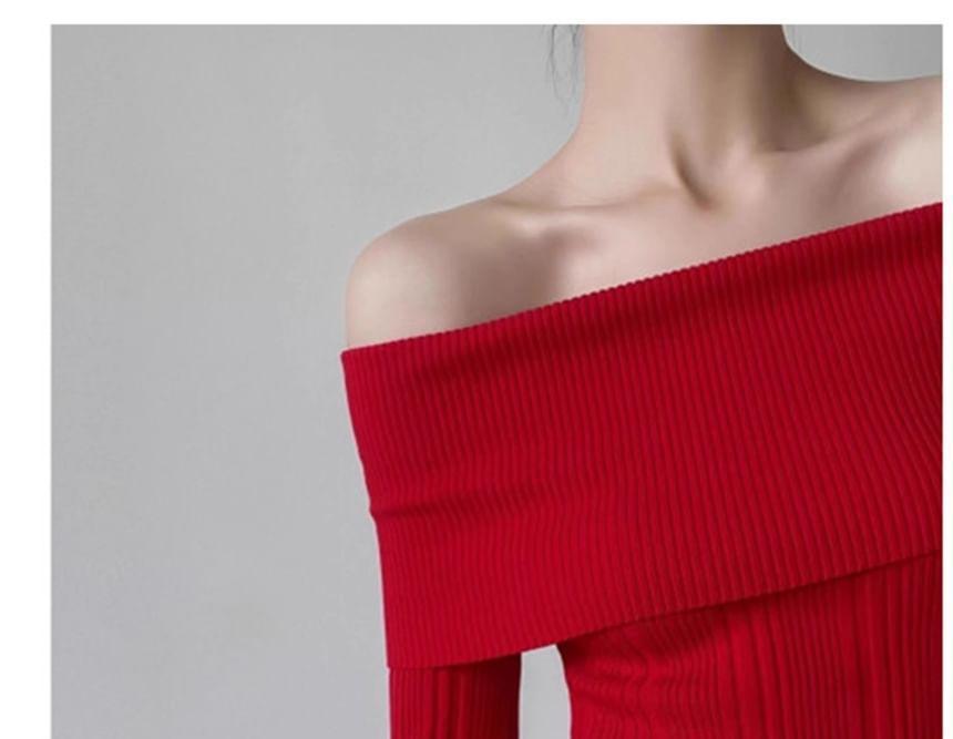 Long Sleeve Off Shoulder Plain Ribbed Knit Top Product Image