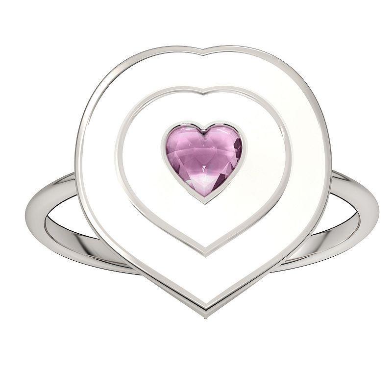 Sterling Silver Lab-Created Pink Sapphire & Enamel Heart Ring - Size 7, Womens Product Image