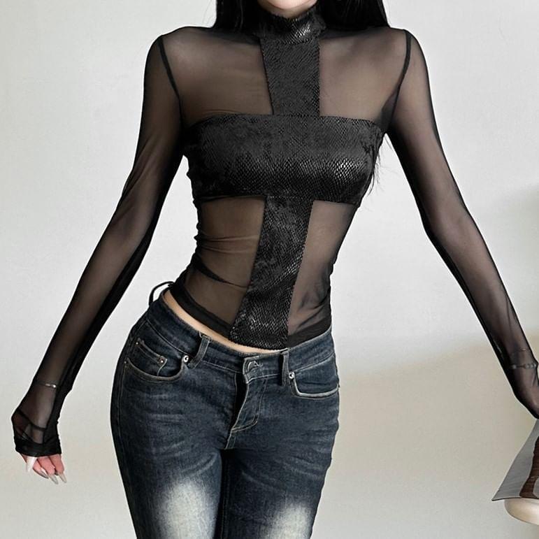 Long-Sleeve Mock Neck Mesh Crop Top Product Image