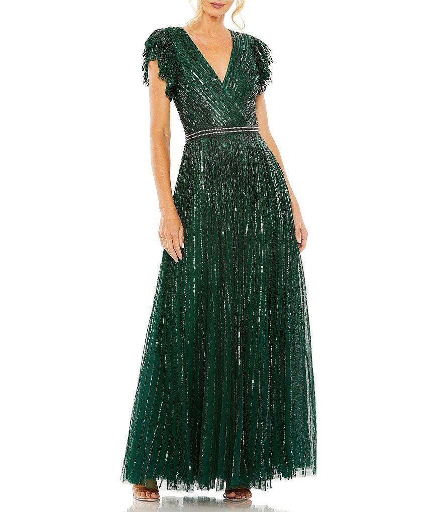 Mac Duggal Sequin Wrap Over Surplice V-Neck Ruffle Cap Sleeve Gown Product Image