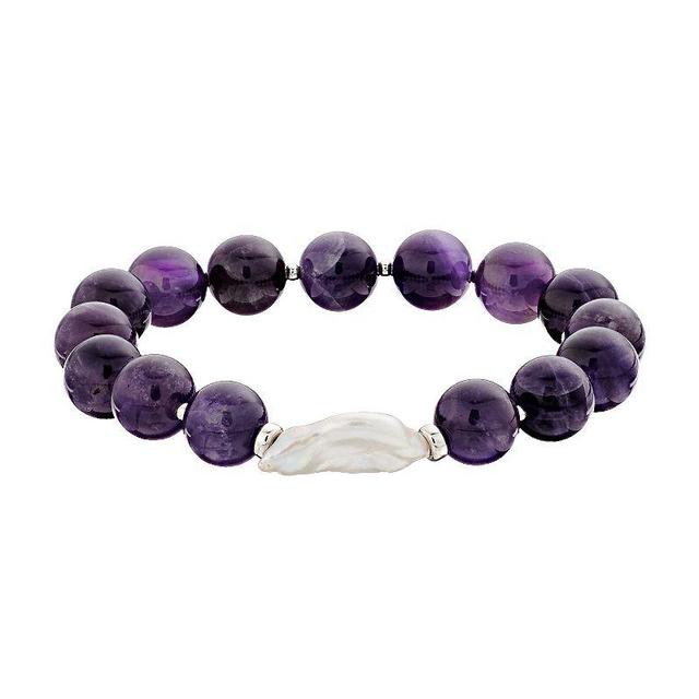 Aleure Precioso 10 mm Bead & Freshwater Pearl Stretch Bracelet, Womens Sterling Purple Product Image