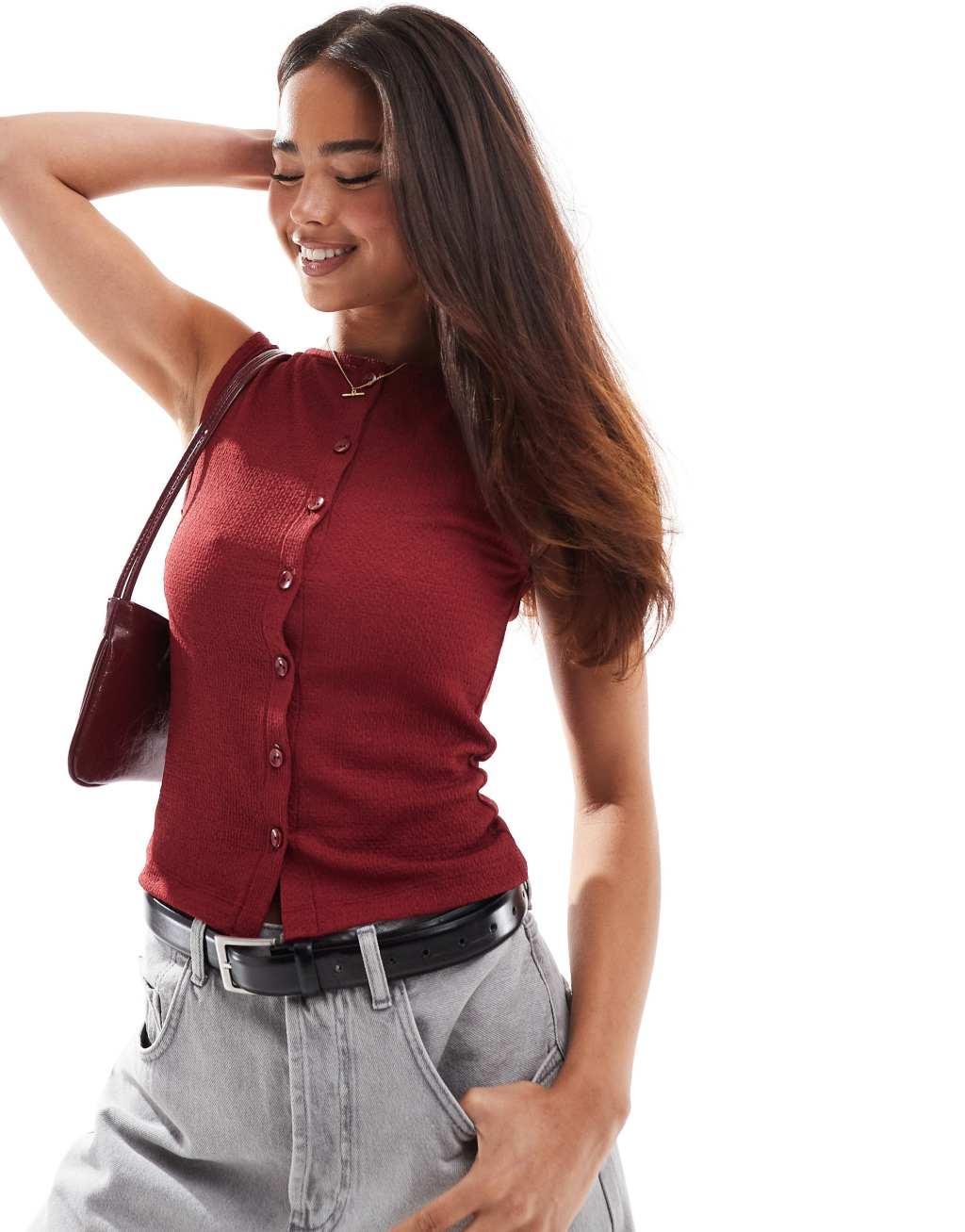 ASOS DESIGN button through tank top in wine Product Image