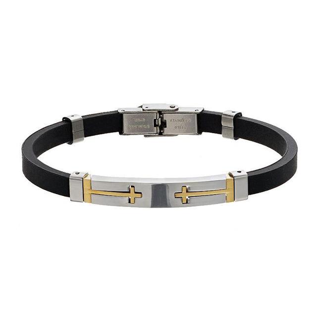 Mens Two-Tone Ion-Plated Stainless Steel Cross & Black Rubber Bracelet Product Image