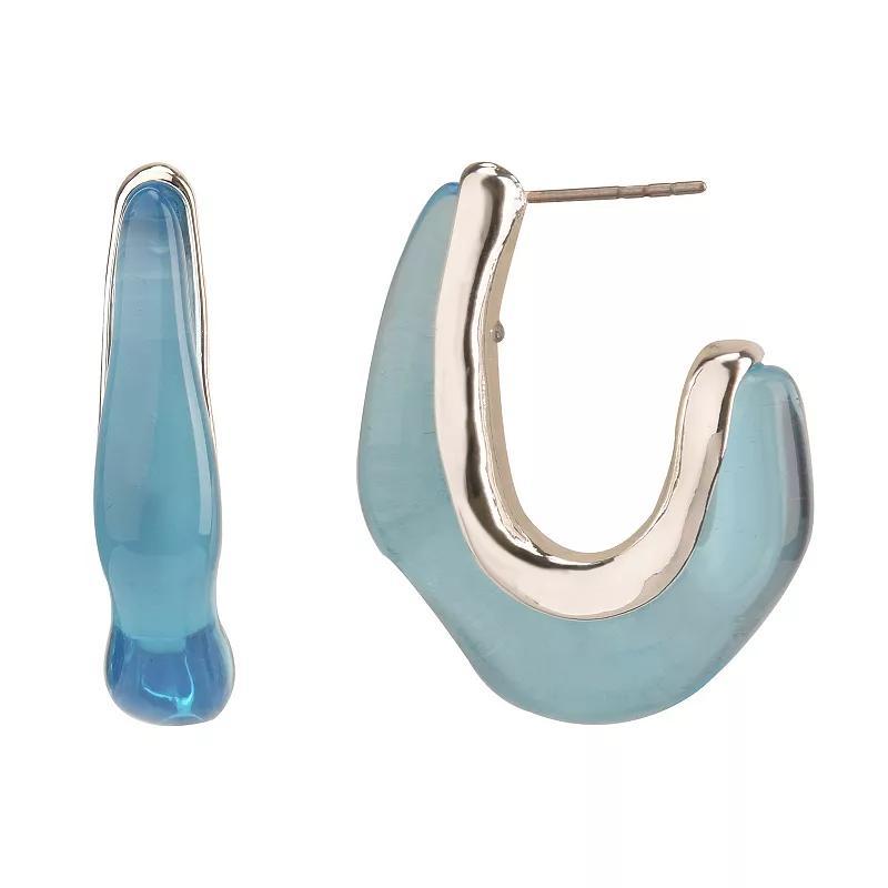 Womens Silver Tone Post Hoop Earrings with Blue Acrylic Inlay Product Image