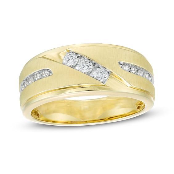 Men's 3/8 CT. T.w. Diamond Three Stone Slant Wedding Band in 10K Gold Product Image