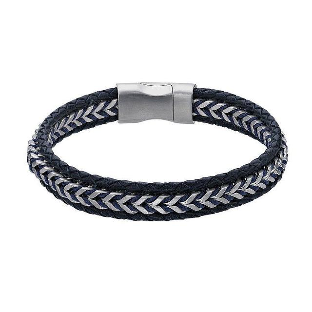 LYNX Mens Stainless Steel & Braided Blue Leather Cord Bracelet Multicolor Product Image